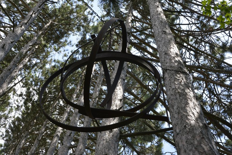 Another cluster of metal rings hangs from a branch, the rusty metal contrasting with the green of the tree tops.